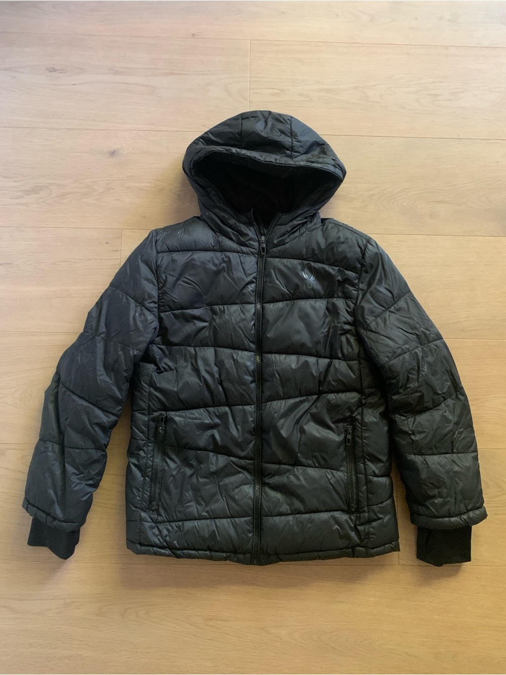 Spyder Boys Hooded Puffer Jacket Black Boys L 14/16 Full Zip Winter Coat
